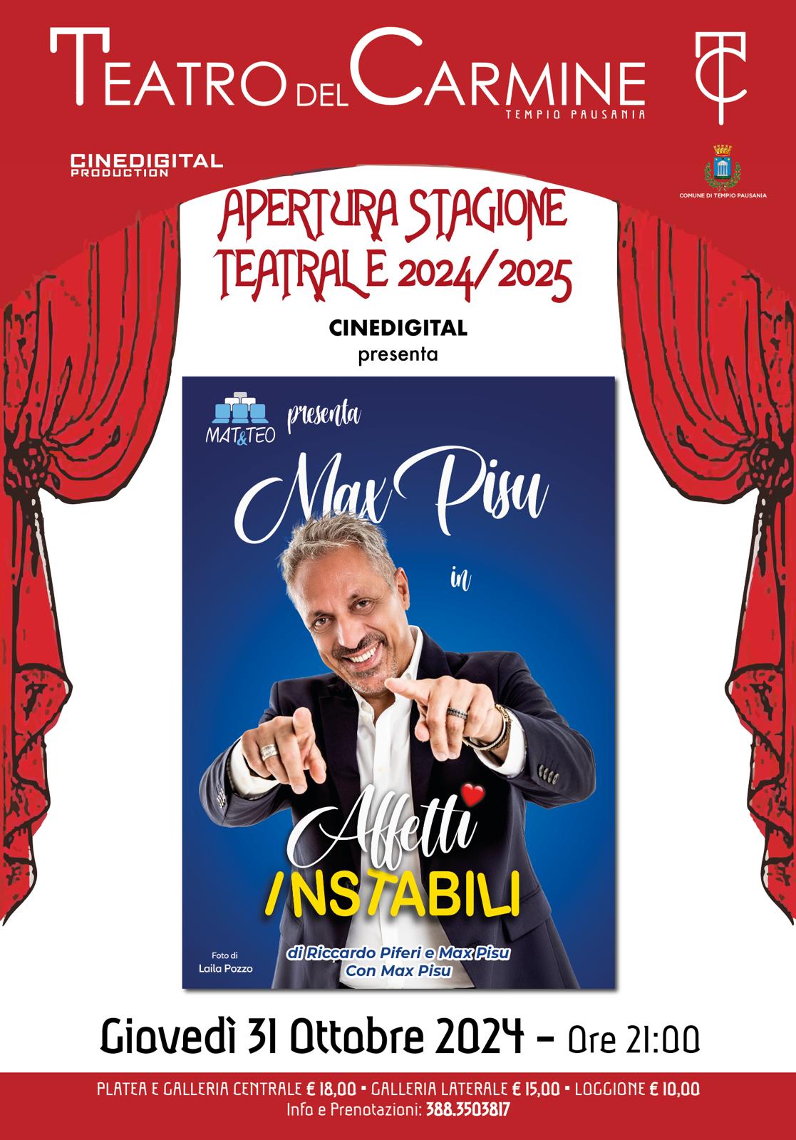 Tempio, Max Pisu inaugura la stagione teatrale del “Carmine”