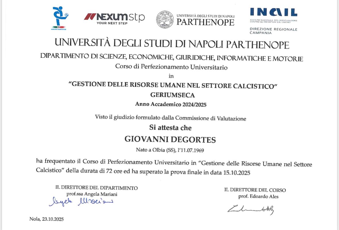 Università di Napoli: Degortes supera l’esame di “Gestione di risorse umane nel calcio”