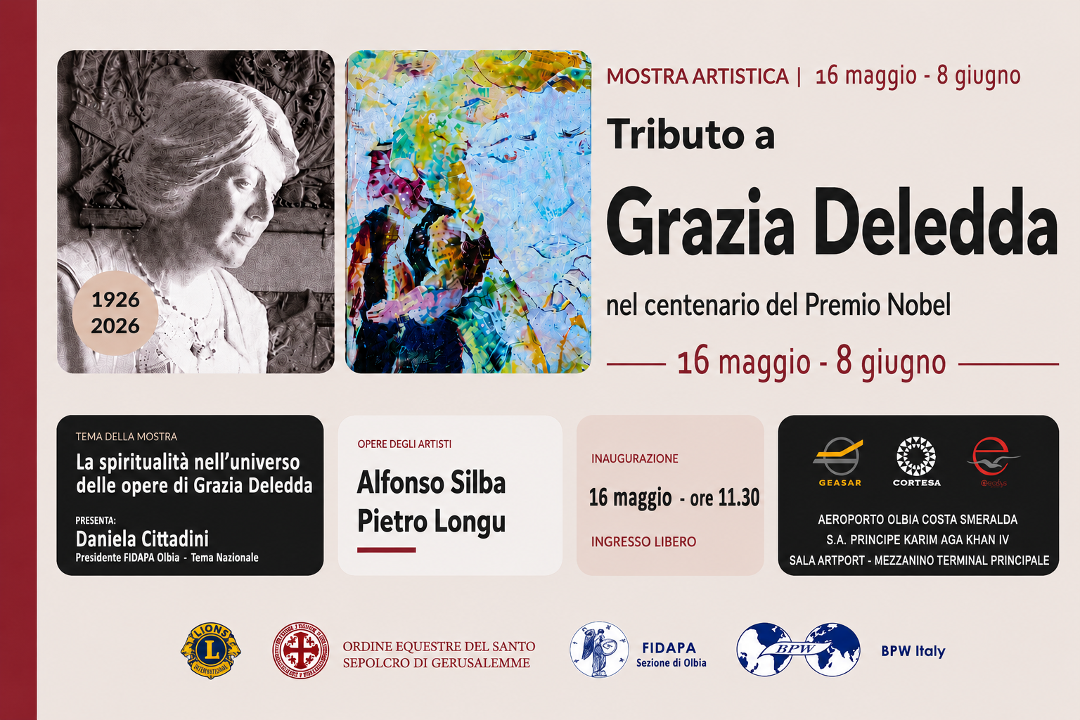 Cent’anni dal Nobel a Grazia Deledda: all’aeroporto una mostra fino all’8 giugno. L’inaugurazione il 16
a cura della presidente Fidapa Daniela Cittadini